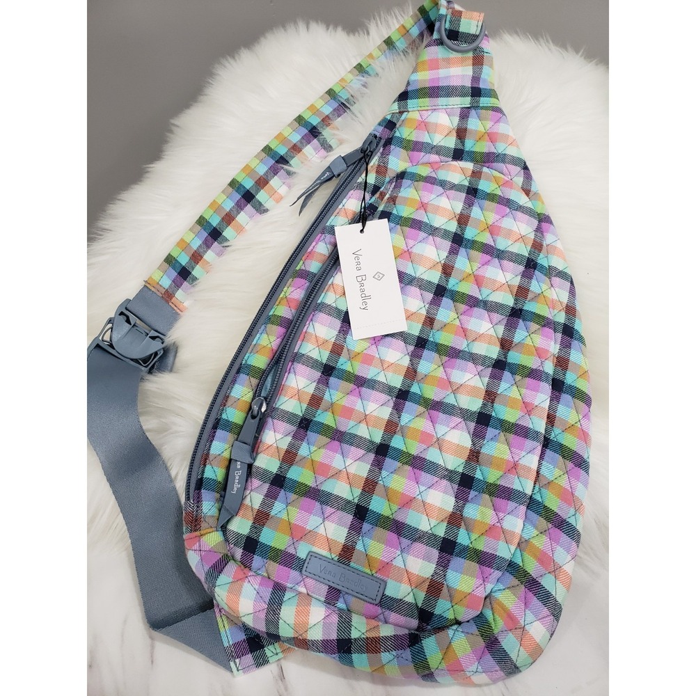 VERA BRADLEY Essential Sling Backpack Gingham Plaid Pastel Spring Purple Picnic